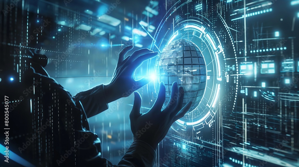 Fototapeta premium Futuristic Interaction With Holographic Interface in a Data Center