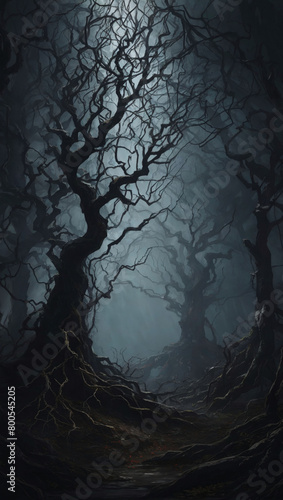 Moody illustration of a forest shrouded in darkness, with gnarled branches and tangled roots casting ominous shadows, evoking a sense of dread and foreboding.