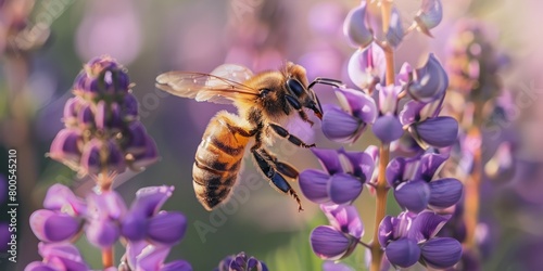 Bee, antennae touching flower in flight