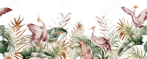 Watercolor seamless border with flamingos. Tropical leaves and plants natural design. Red ibis with beak in the jungle. Green foliage of an exotic forest. Outdoor birds drawn by hand.