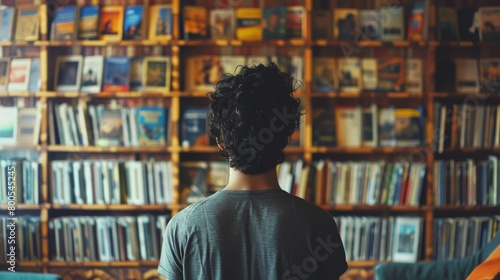 Person Gazing at Bookshelves in Library
