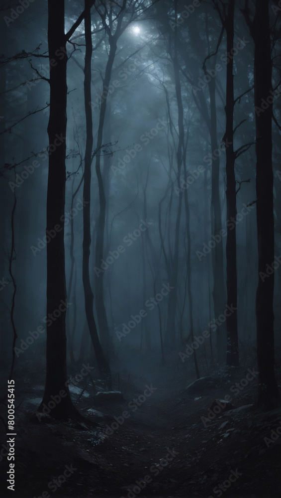 Moody interpretation of a dark forest at twilight, with eerie shadows and mysterious sounds echoing through the trees, enveloping the scene in an atmosphere of suspense and tension.
