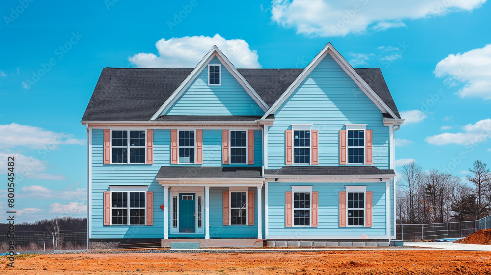 Against a backdrop of azure skies, a charming pale blue house with siding stands tall in the suburban neighborhood Against a backdrop of azure skies, a charming pale blue house with siding stands tall in the suburban neighborhood
