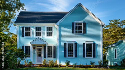 Amidst the suburban bliss, a pale blue house with siding emanates tranquility under the sunny sky.