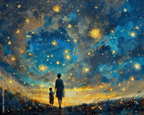 Fantasy art concept mother and child walking sparkles love 