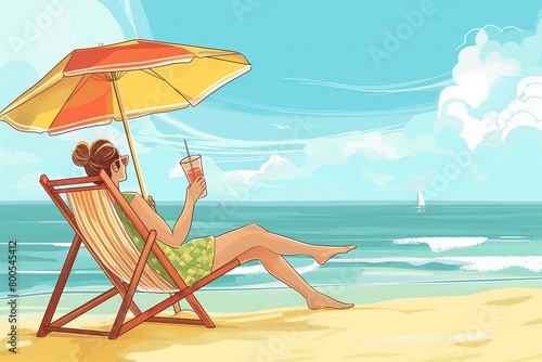Woman sips a beverage in a deck chair by the sea.