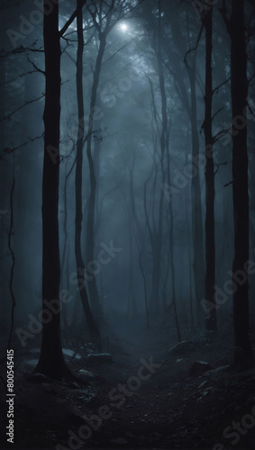 Moody interpretation of a dark forest at twilight  with eerie shadows and mysterious sounds echoing through the trees  enveloping the scene in an atmosphere of suspense and tension.