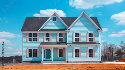 Against a backdrop of azure skies, a charming pale blue house with siding stands tall in the suburban neighborhood