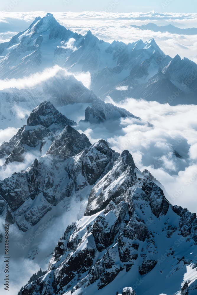 Fototapeta premium Stunning visual of rugged mountains with snow caps peaking through the soft clouds, conveying a sense of tranquility and power