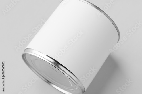Food tin can packaging mockup, medium size, closeup.