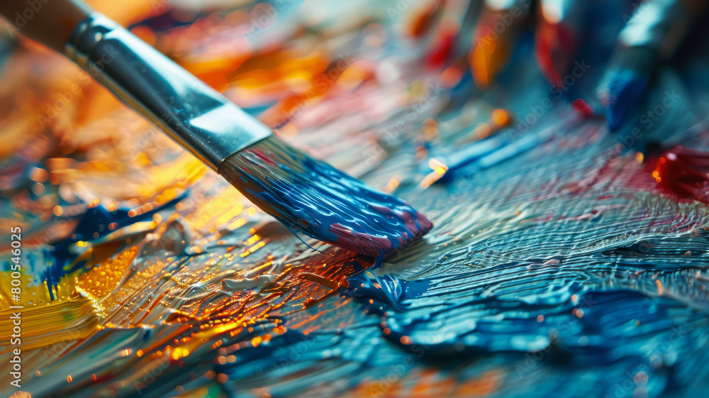 Close-up of a paint brush on a colorful canvas. Close-up of a paint brush on a colorful canvas.