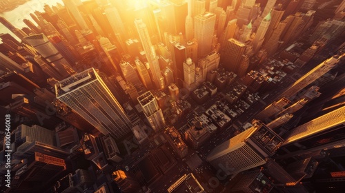 A dramatic aerial perspective of a city's central business district, with skyscrapers casting long shadows over the streets below during golden hour.