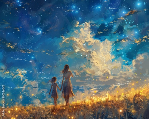 Fantasy art concept mother and child walking sparkles love 