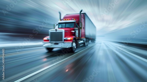 American style truck on freeway pulling load. Transportation theme.