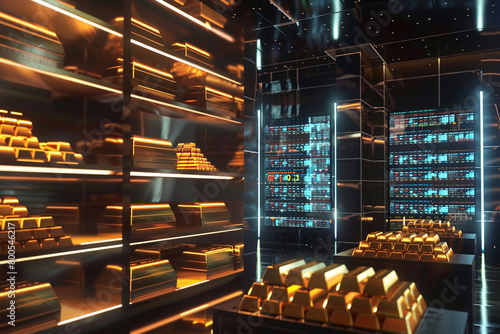 3D backdrop of a vault filled with gold bars and digital screens showing real-time market data 