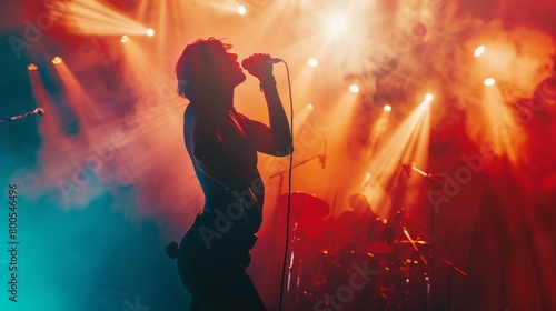 A dramatic silhouette of a singer on stage, microphone raised triumphantly against a backdrop of vibrant stage lights. © Plaifah