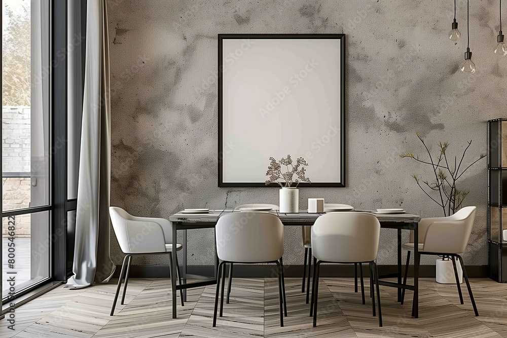 modern dining room with blank poster on the wall in black frame, neutral colors, minimalist modern dining room with blank poster on the wall in black frame, neutral colors, minimalist