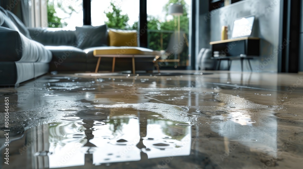 a modern living room, featuring a wet and gleaming concrete floor displaying signs of water damage, with visible footprints marking the polished surface, puddles surrounding furniture.