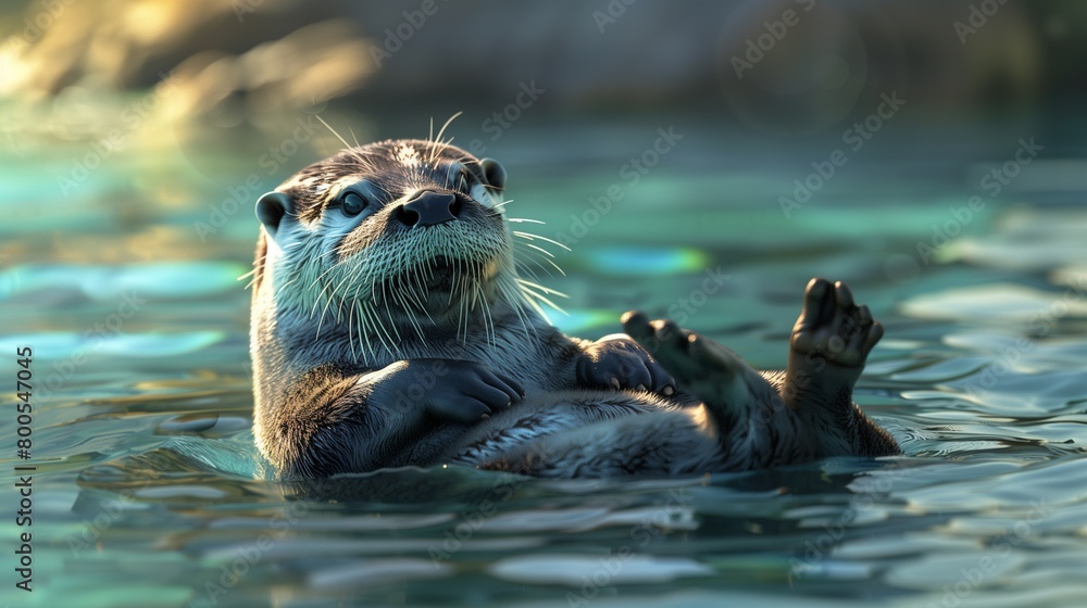 Fototapeta premium Playful Otter in Serene River - Hyper-Realistic 2D Illustration with Copy Space for Text