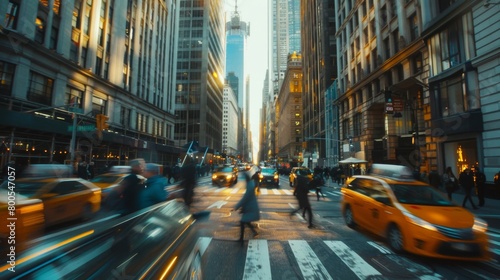 A dynamic shot capturing the hustle and bustle of city life at street level, with pedestrians and traffic dwarfed by towering skyscrapers overhead.
