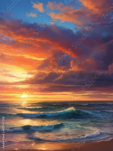 Seaside sunset majesty, The awe-inspiring colors of the setting sun by the ocean.