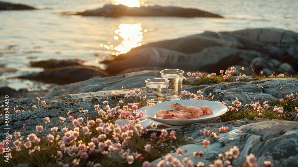 Fototapeta premium a romantic picnic arranged on the rugged coast of Sweden, featuring fresh shrimp and champagne glasses set against the backdrop of the ocean, accented by vibrant wildflowers.