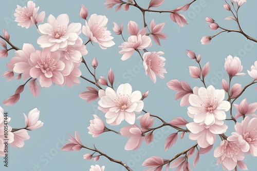 Floral wallpaper with delicate cherry blossoms in shades of pink and white  set against a tranquil blue backdrop