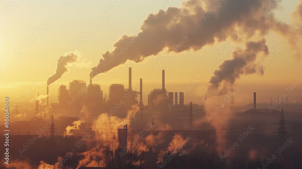 Industrial Landscape Bathed In Golden Light As Smoke Pillars Rise Against The Dawn Sky, Reflecting Both Energy And Environmental Impact