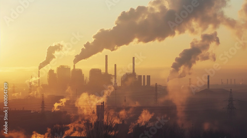 Industrial Landscape Bathed In Golden Light As Smoke Pillars Rise Against The Dawn Sky, Reflecting Both Energy And Environmental Impact