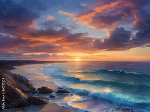 Oceanic dusk vista, A stunning vista as the sky transforms into a canvas of colors at sunset.