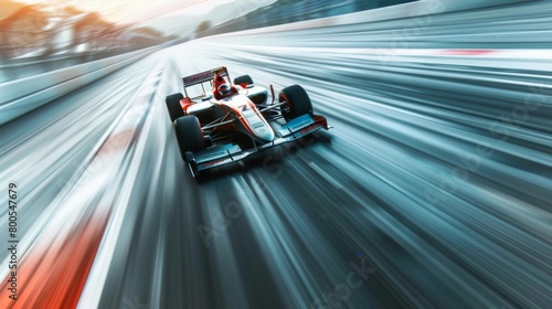 A dynamic shot of a racing car hurtling down a straightaway at top speed, leaving a blur of motion in its wake as it races towards victory. © Plaifah