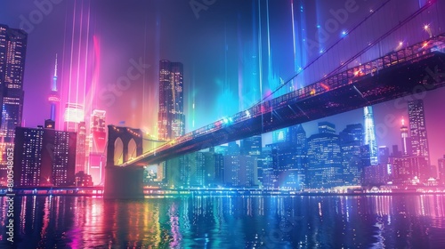 A dynamic urban panorama featuring a suspension bridge lit up in vibrant colors, creating a dazzling spectacle against the backdrop of city skyscrapers and twinkling lights.