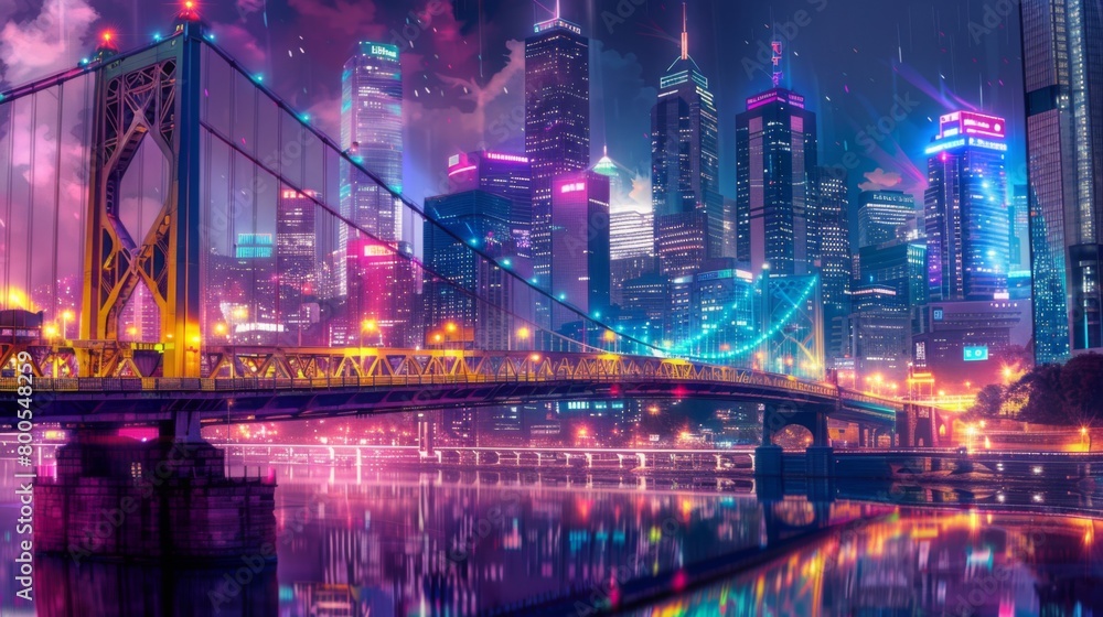 Fototapeta premium A dynamic urban panorama featuring a suspension bridge lit up in vibrant colors, creating a dazzling spectacle against the backdrop of city skyscrapers and twinkling lights.