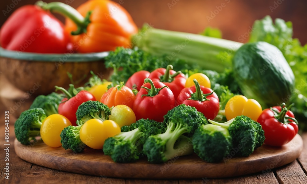 Food ingredients on a wooden cutting board including a variety of vegetables Food ingredients on a wooden cutting board including a variety of vegetables