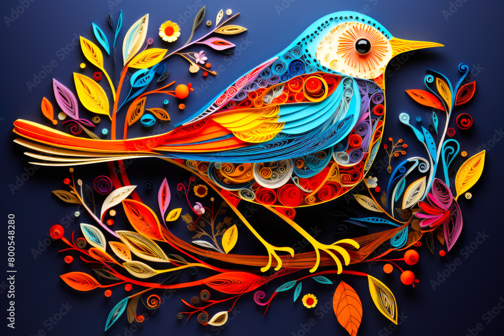Obraz premium A stunning papercut bird illustration crafted with intricate detail, showcasing the beauty of paper artistry in depicting the animal kingdom.