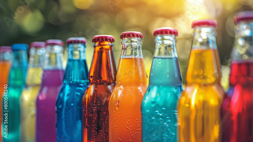 Row of colorful soda bottles.