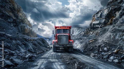 a red heavy truck laden with coal, traversing a rocky road under a dark sky, with the wide-angle lens emphasizing its frontal view against the backdrop of the desolate landscape. © lililia