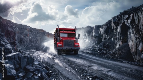 a red heavy truck laden with coal, traversing a rocky road under a dark sky, with the wide-angle lens emphasizing its frontal view against the backdrop of the desolate landscape.