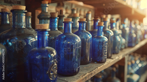 Old blue glass bottles on a shelf.