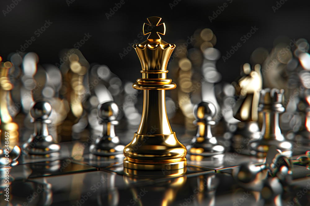3D render of a gold chess king standing tall among silver pawns, symbolizing leadership and distinction 3D render of a gold chess king standing tall among silver pawns, symbolizing leadership and distinction