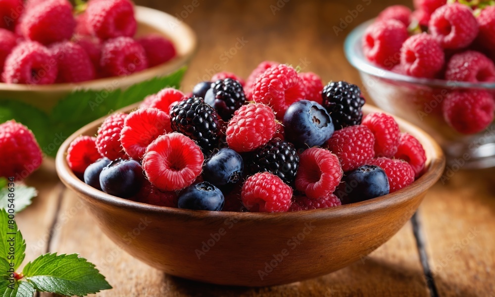 Fresh Raspberries and Blueberries in close-up Fresh Raspberries and Blueberries in close-up