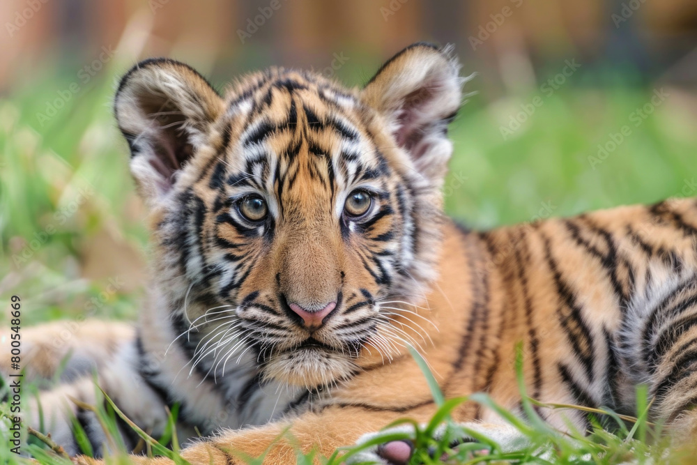 Playful baby tiger cub with bright eyes and striped fur