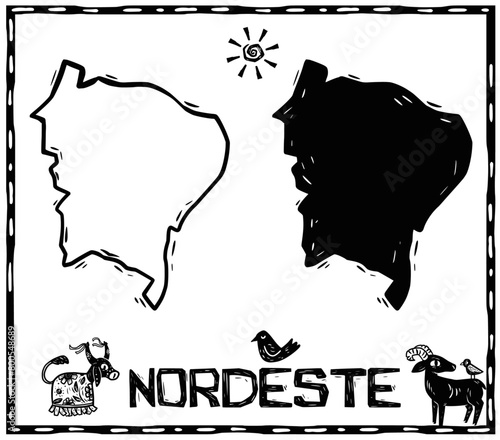 Nordeste (Northeastern) Brazilian region in silhouette. Woodcut style.