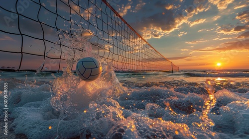 Volleyball net made of flowing water, ball splashing upon impact, beach setting with surreal sunset photo