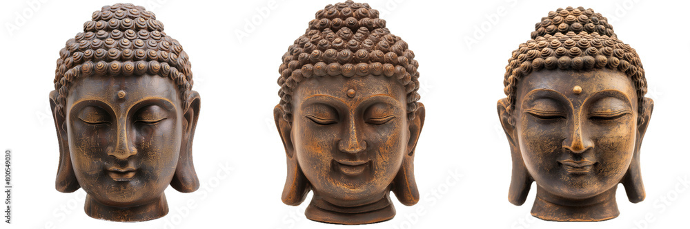 Set of three buddha heads wooden sculptures isolated on transparent PNG backgrounds.