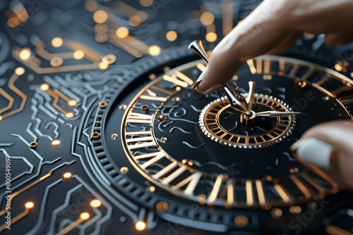 3D rendered image of a clock with one unique hand pointing in a different direction, symbolizing leadership in managing time and priorities 