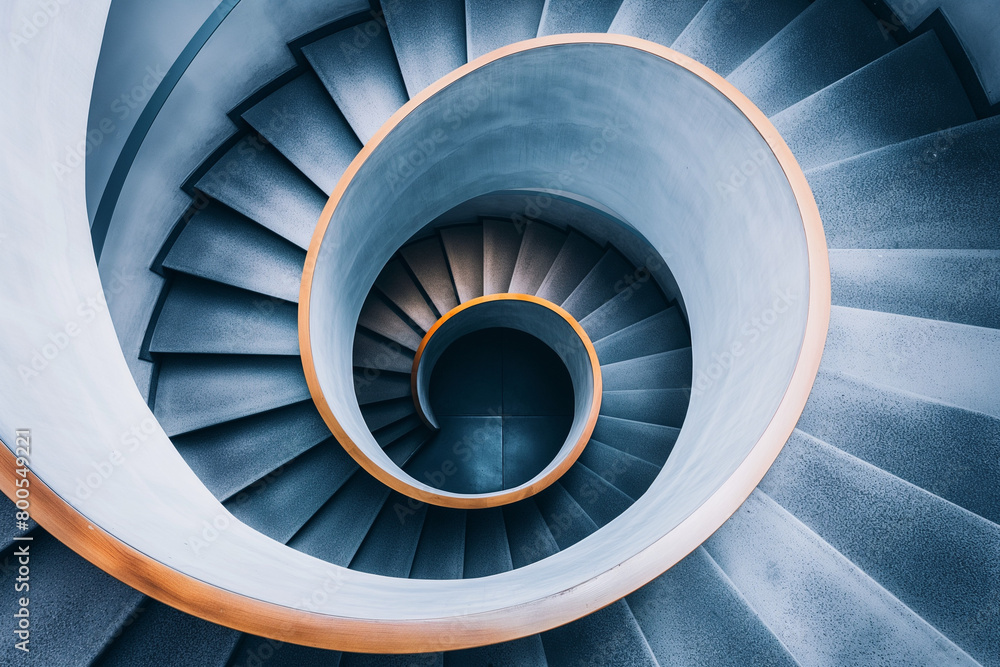 Fototapeta premium Architectural design, spiral staircase resembling a helix, captured from above, emphasizing symmetry and modern aesthetics in building structure