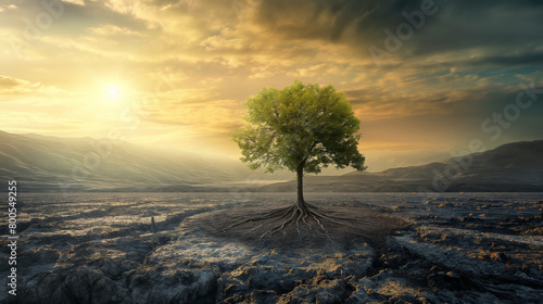 Environmental impact concept, aftermath of a nuclear explosion, barren landscape with a lone surviving tree, highlighting resilience and devastation photo