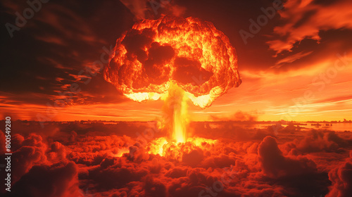 Dramatic depiction of a nuclear explosion, mushroom cloud rising against a dark sky, intense orange and red hues, symbolizing power and destruction photo