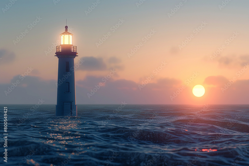 3D rendered image of a lighthouse standing firm and guiding ships, metaphor for leadership and direction  